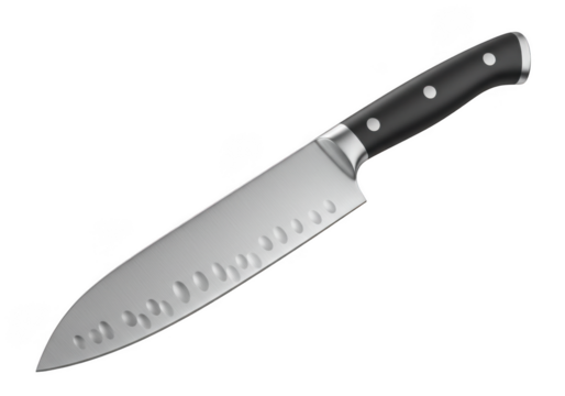Professional chef knife with granton edge and black handle isolated on transparent background