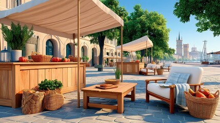 Fototapeta premium Rustic outdoor farmer's market scene with fresh produce and cozy seating arrangements
