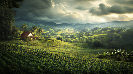 Obraz premium Picturesque Mountain Valley Landscape with Farmhouse and Rolling Hills