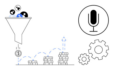 Funnel filtering leads into coins, stacks of coins growing with arrows, microphone highlighting communication, gears symbolizing automation. Ideal for marketing, sales, finance, technology