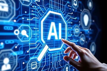 Person typing on laptop with ai graphics overlayed