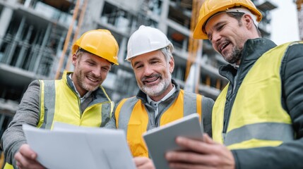 Team of engineers reviewing architectural plans on construction