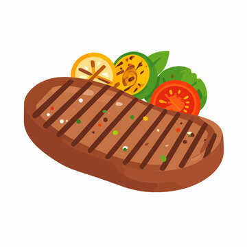 Grilled Steak with Lemon Slices Tomato and Herbs on White Background Featuring Barbecue Pattern and Nutritious Ingredients