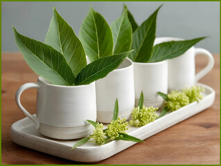 bouquet of green plants and branches with leaves in white mugs and glasses on white background isolated, for stylish kitchen interior design