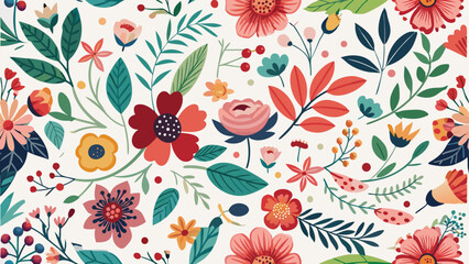 Flat design floral pattern with red pink orange blue green flowers leaves nature