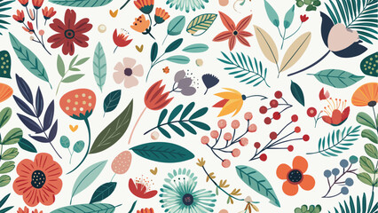 Seamless pattern of colorful stylized flowers and leaves on white background floral
