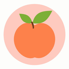 Illustration of a Peach with Green Leaves in a Circle with Pink Background