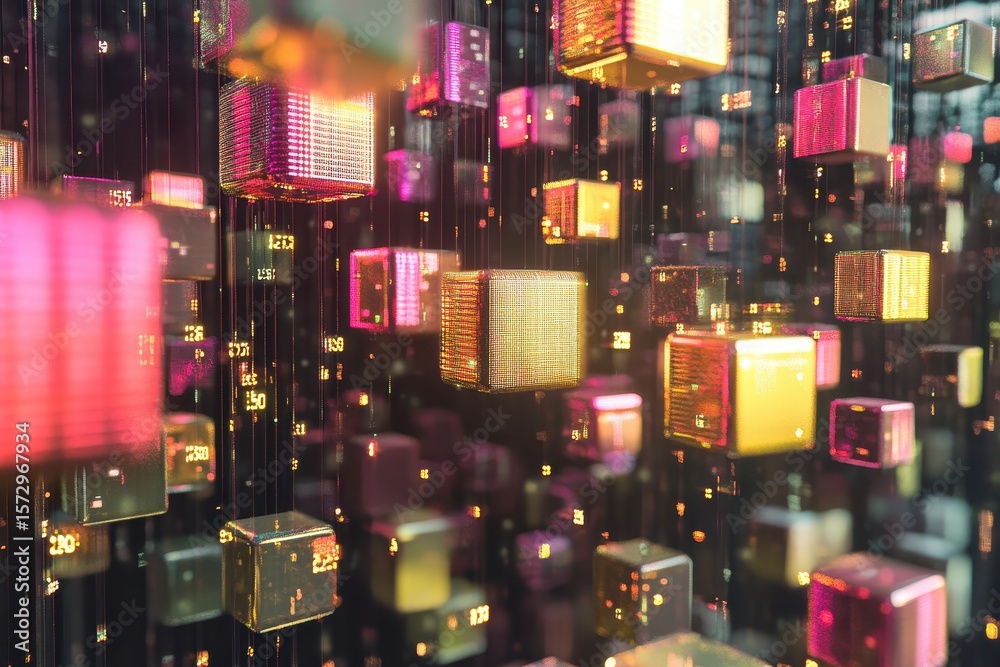 Poster cubes with hex code suspended in mid air representing digital data storage and technology concepts, 