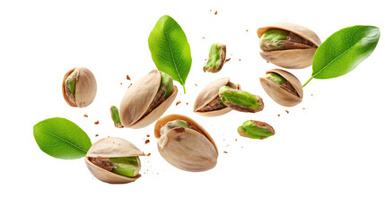 Charming image of pistachios with green leaves, organic snack, nutritious food, natural ingredients, for advertising and design, on transparent background.