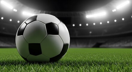 Obraz premium Close up of a soccer ball on a lush green grass field in a brightly lit stadium with stadium lights shining down creating dramatic atmosphere for sports competition and championship games
