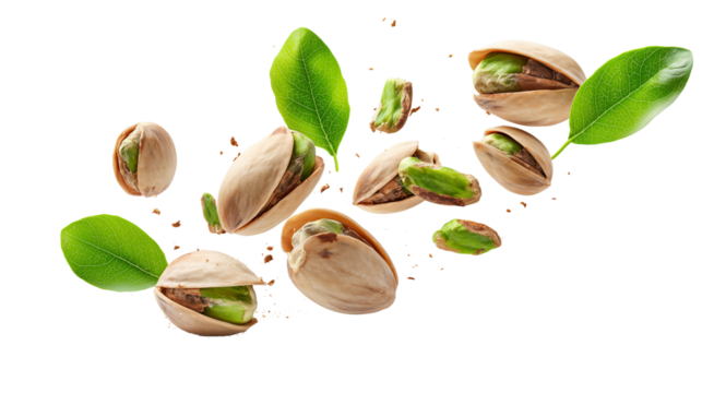 Charming image of pistachios with green leaves, organic snack, nutritious food, natural ingredients, for advertising and design, on transparent background. - Powered by Adobe