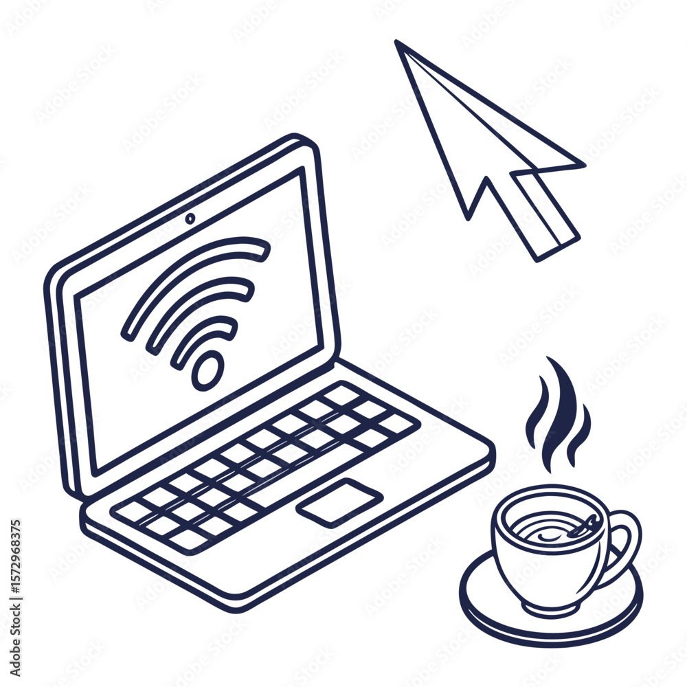 Fototapete A minimalist line art illustration of a laptop displaying a wi fi symbol a computer cursor and a steaming cup of coffee on a saucer representing remote work and digital connectivity