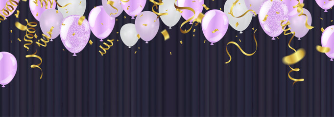 Luxurious Party Atmosphere: Pastel Purple White and Glittering Gold Balloons Floating Above a Dark Blue Black Velvet Curtain Accompanied by Golden Ribbons and Falling Confetti Creating a Special