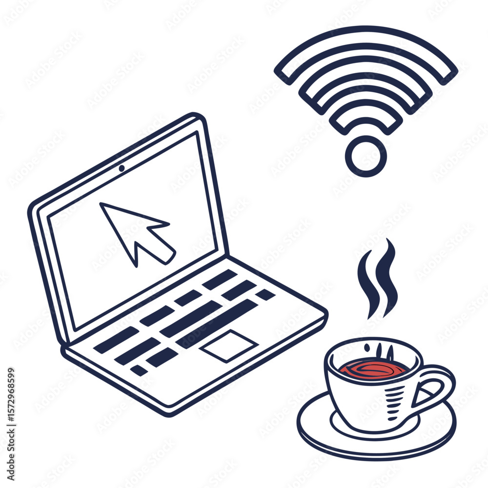 Fototapete A simple line drawing of a laptop with a cursor on the screen a wi fi symbol and a steaming cup of coffee on a saucer representing remote work or study