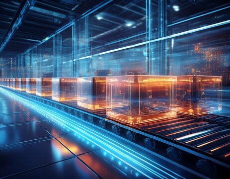 digital transparent boxes on a conveyor belt in a warehouse all glowing blue and orange with data flowing inside them in the background is an open modern warehouse