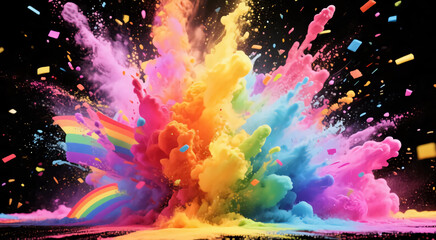 Colorful powder explosion with rainbow elements and confetti on dark background, vibrant celebration of joy, creativity, and pride