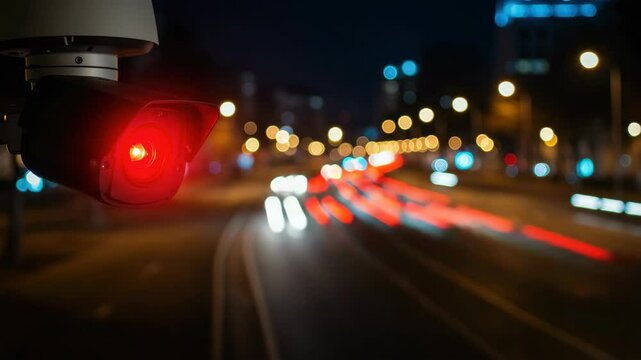 Security camera observes city traffic at night, monitoring roads for safety. Security camera footage captures moving car light trails on highway under watchful surveillance.