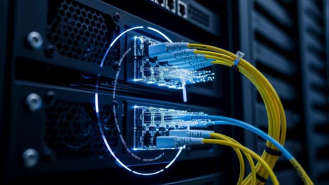 Network communication technology shown through fiber optic wiring in a dark computer hub