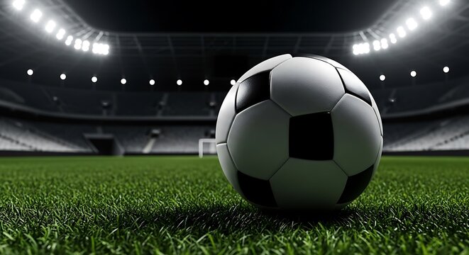 Close up of a soccer ball on a lush green field in a stadium under bright lights during a thrilling game showcasing athletic competition and sportsmanship