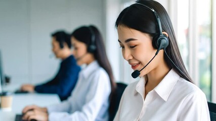 Helpdesk staff wearing headsets, typing. Bright. Modern office space. Happy Asian woman in foreground - Powered by Adobe