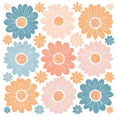 Retro daisy pattern in pastel blue peach pink and orange floral flower