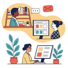 Diverse team collaborating remotely on digital projects using computers and online communication tools illustrating teamwork and virtual office environments