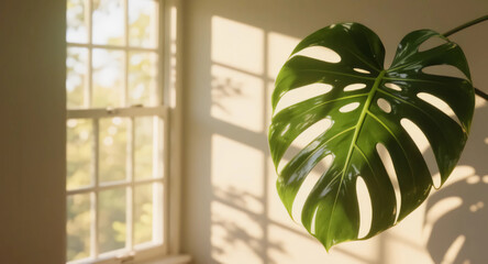 Close-up of monstera leaf glowing in soft sunlight by window, casting natural shadows on warm beige wall, tropical cozy interior