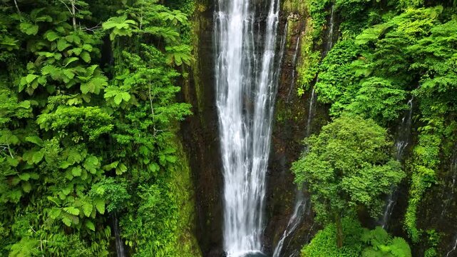 Aerial view of tropical waterfall surrounded by greenery, Samoa.