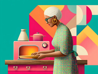 Grandmother making pie in kitchen in oven, old woman baking at home, elderly mother in apron prepares pizza or cake, home cooking, parental care