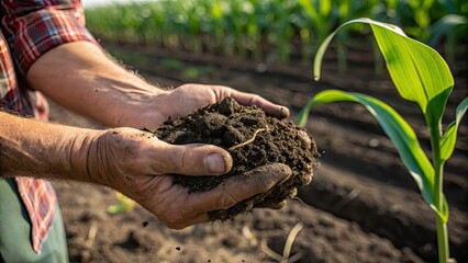 A close-up of a farmer’s sun-weathered hands holding a handful of fresh, dark soil with tiny roots and moisture droplets visible. The deep green of the surrounding crops adds contrast