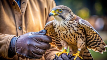 A close-up of a falconer’s gloved hands holding a majestic falcon with sharp talons