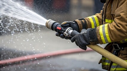 A close-up of a firefighter’s gloved hands gripping a heavy-duty hose, with water spraying out under high pressure. The wet gloves and water droplets in the air add to the realism