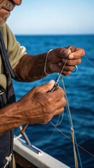 A close-up of a fisherman’s rough, weathered hands skillfully tying a fishing hook to a thin, glistening line, with the deep blue of the ocean in the background