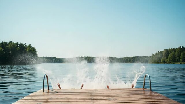 Three people joyfully jump off a wooden dock into a clear lake on a sunny summer day