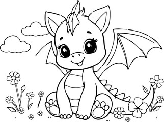  a black and white illustration of a cute dragon coloring page. 