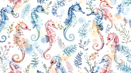 Elegant seamless design featuring colorful seahorses and marine foliage, perfect for coastal-themed decor and textiles © Paint