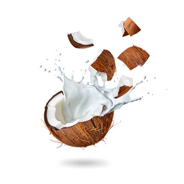 A broken coconut with its creamy milk splashing dynamically against a white background, showcasing its refreshing essence