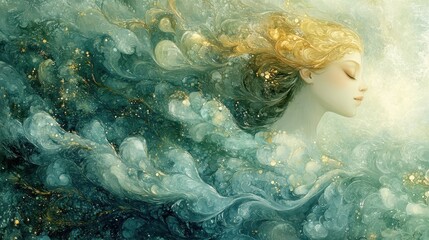 Serene woman, flowing hair, ocean swirls, ethereal background, fantasy art