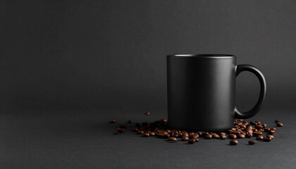 Black matte coffee mug with scattered roasted coffee bean on dark background, creating clean and symmetrical composition with cozy and inviting atmosphere