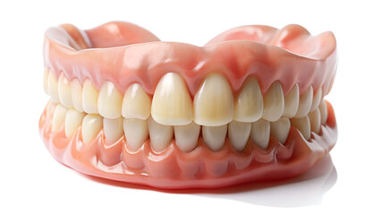 A set of complete dentures showcases a full arch of artificial teeth on a transparent background
