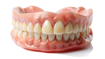 A set of complete dentures showcases a full arch of artificial teeth on a transparent background