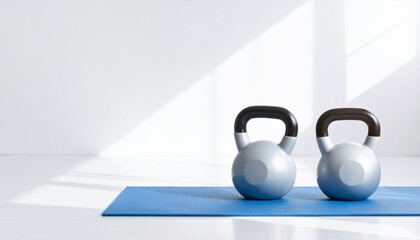 Bright clean workout space with two kettlebell weights on blue exercise mat in natural light