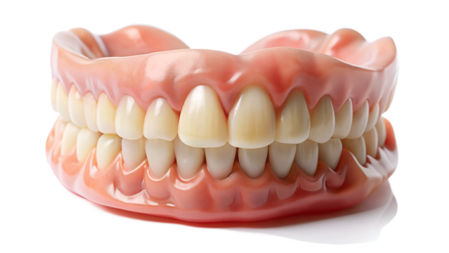 A set of complete dentures showcases a full arch of artificial teeth on a transparent background