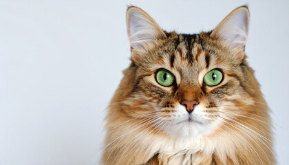 Closeup portrait of fluffy brown tabby cat with striking green eyes and long whiskers against clean white background, showing detailed fur texture and calm expression