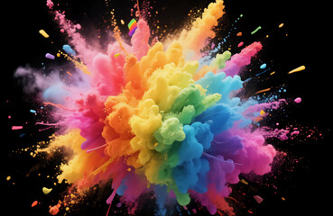 Explosive burst of vibrant rainbow powder captured mid-air on black background, high-speed motion concept of energy and celebration