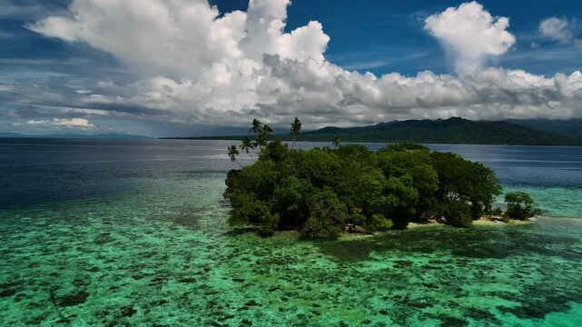 Aerial view of tropical island with clear water, Solomon Islands.