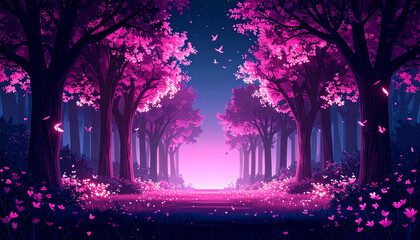 Firefly glowing pink forest with pixelated birds at night, symmetrical trees and vibrant flowers create magical and serene atmosphere with clean space on left side