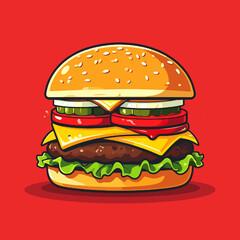 Pixel Art Illustration of Classic Burger with Fresh Ingredients on Red Background