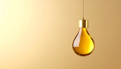 Golden light bulb hanging with warm glow on beige background, symbolizing creativity and innovation with clean space for text or design on left side