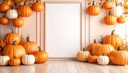 Autumn pumpkin decoration with orange and white pumpkins arranged around blank frame on wooden floor, creating warm and festive Halloween atmosphere